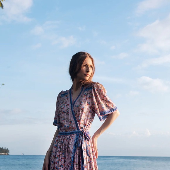 TULLE & BATISTE handmade floral Pink and Blue Wrap Rayon Maxi Dress NWT - Picture 7 of 16